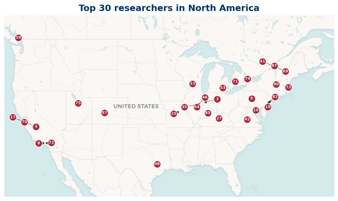 Map of North America Top 100 researchers