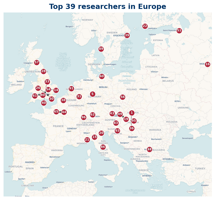 Map of Europe Top 100 researchers