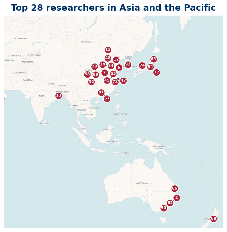 Map of Asia and the Pacific Top 100 researchers